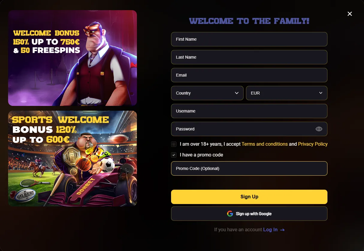 Donbet registration form with the promo code field ticked